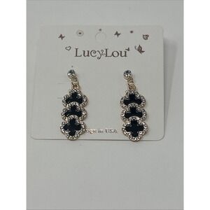 NWT Lucy Lou Black & Clear Rhinestone Drop Four Leaf Clover Earrings